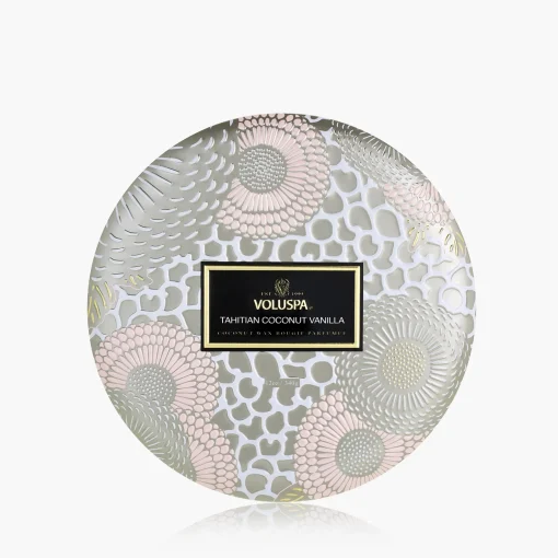 Voluspa Tahitian Coconut Vanilla|3 Wick Tin|Tahitian Coconut Vanilla